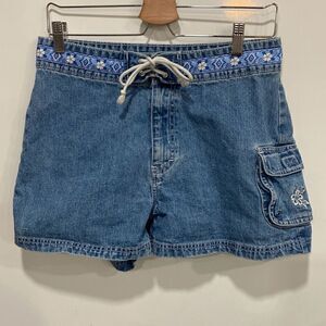 Vintage Jordache Womens Floral Trim Drawstring Jean Shorts Blue Size 9/10